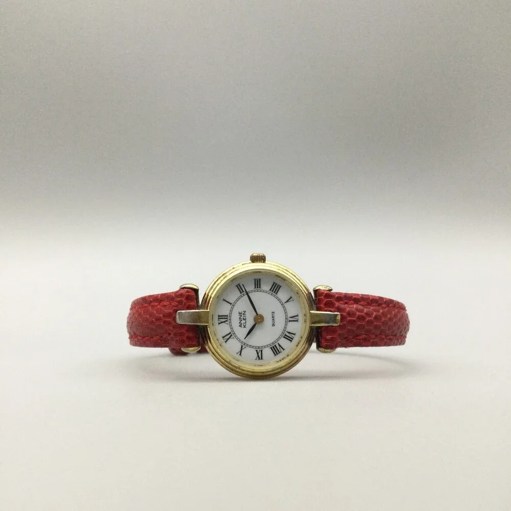 Anne Klein Watch Women 21mm Gold Tone Red Leather Band New Battery